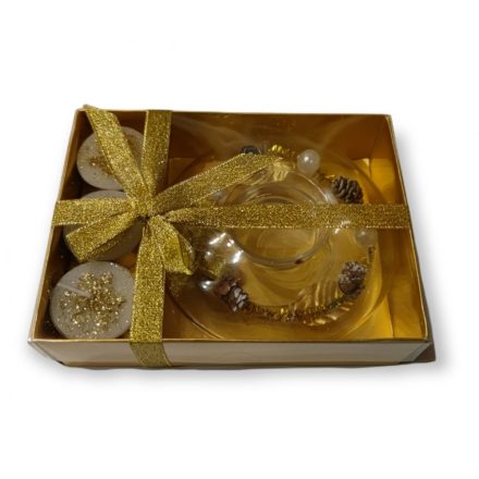 Karácsonyi mécsestartó üveggyűrű 11 cm,  3 db mécsessel, aranyszínű, díszdobozban